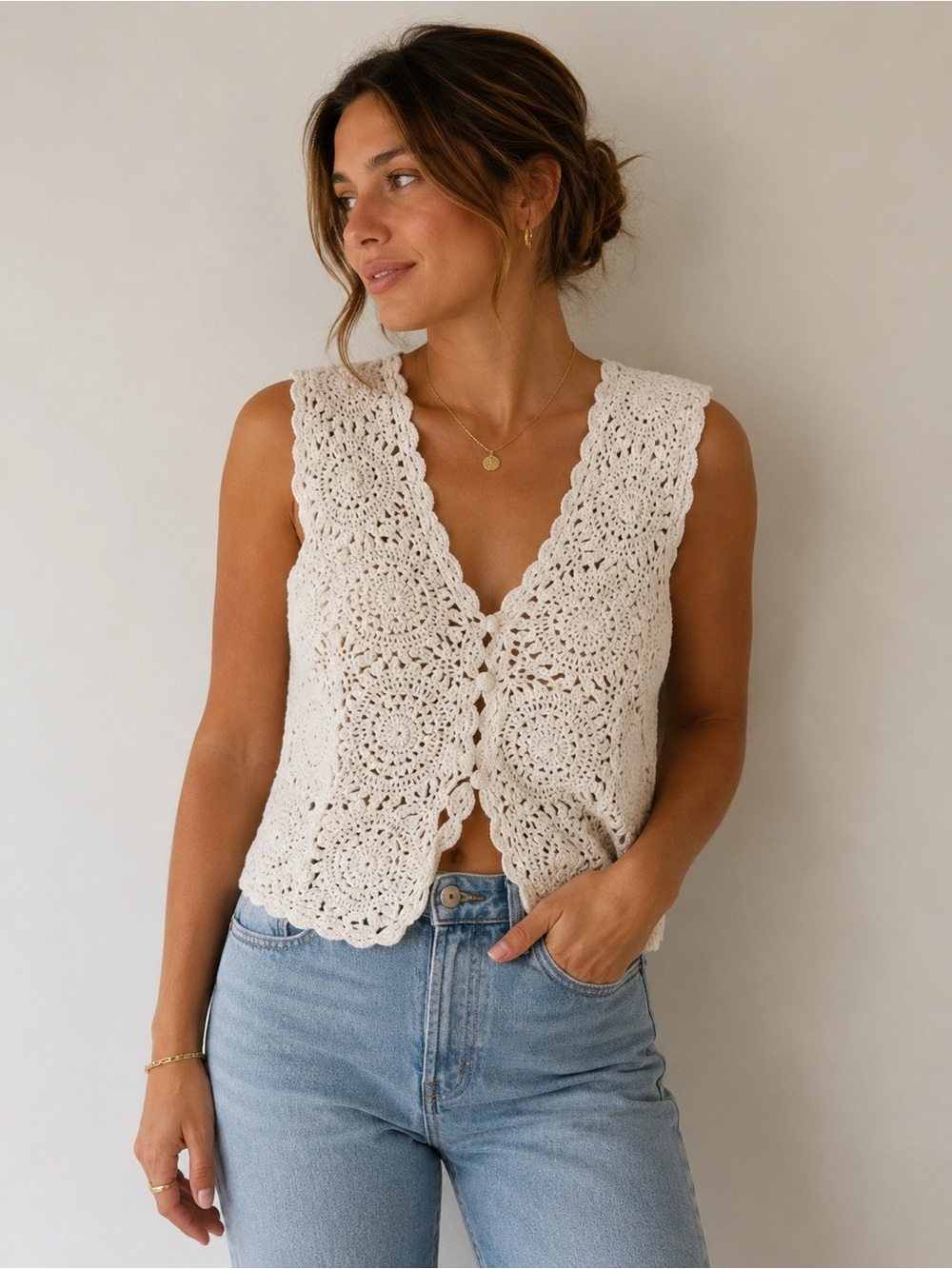 Vintage Kimberly Hunter M Collection Doily Cardigan Vest Crochet Granny Square